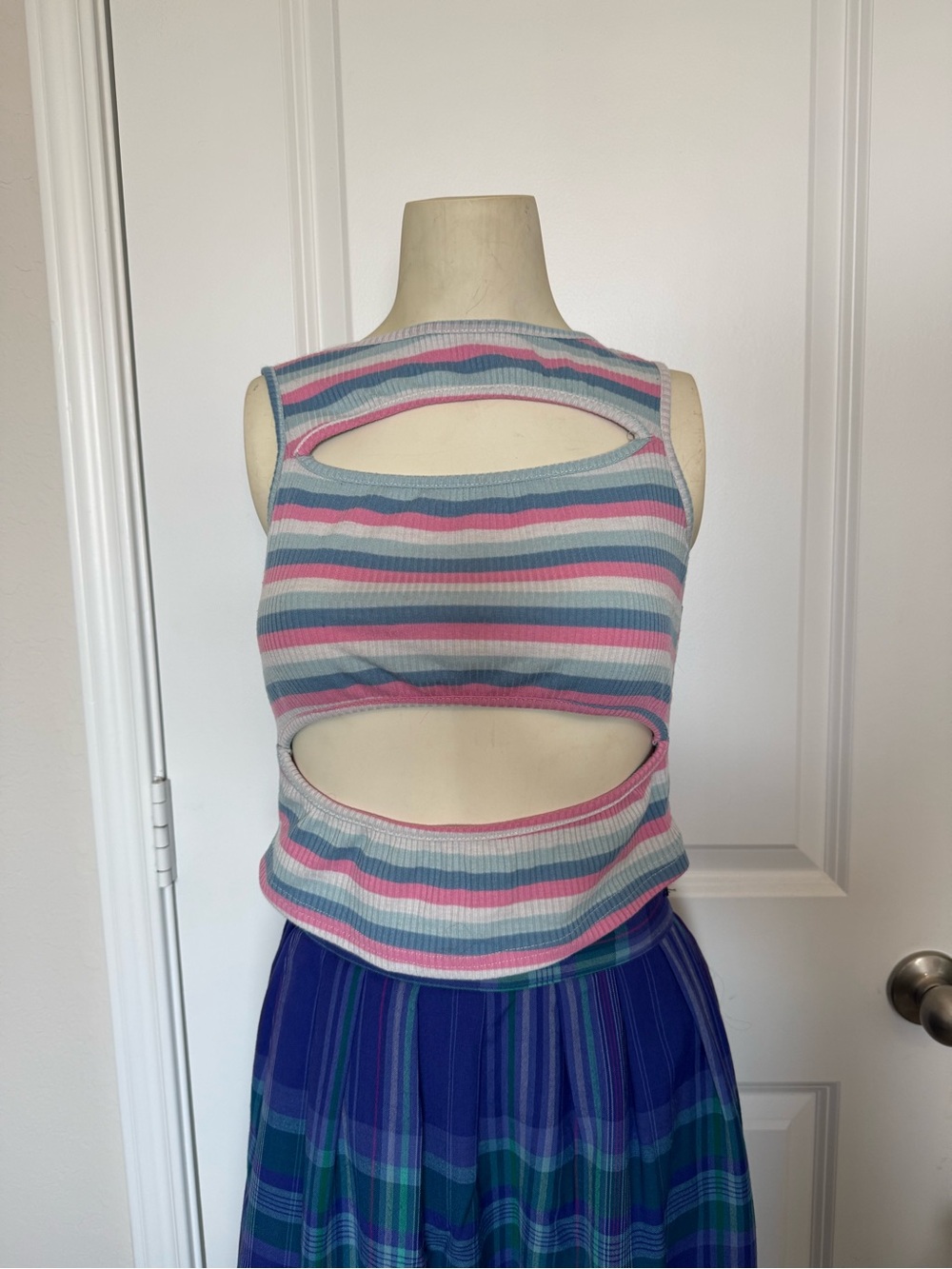 Shein Curve Pink, Blue, & White Cutout Crop Top